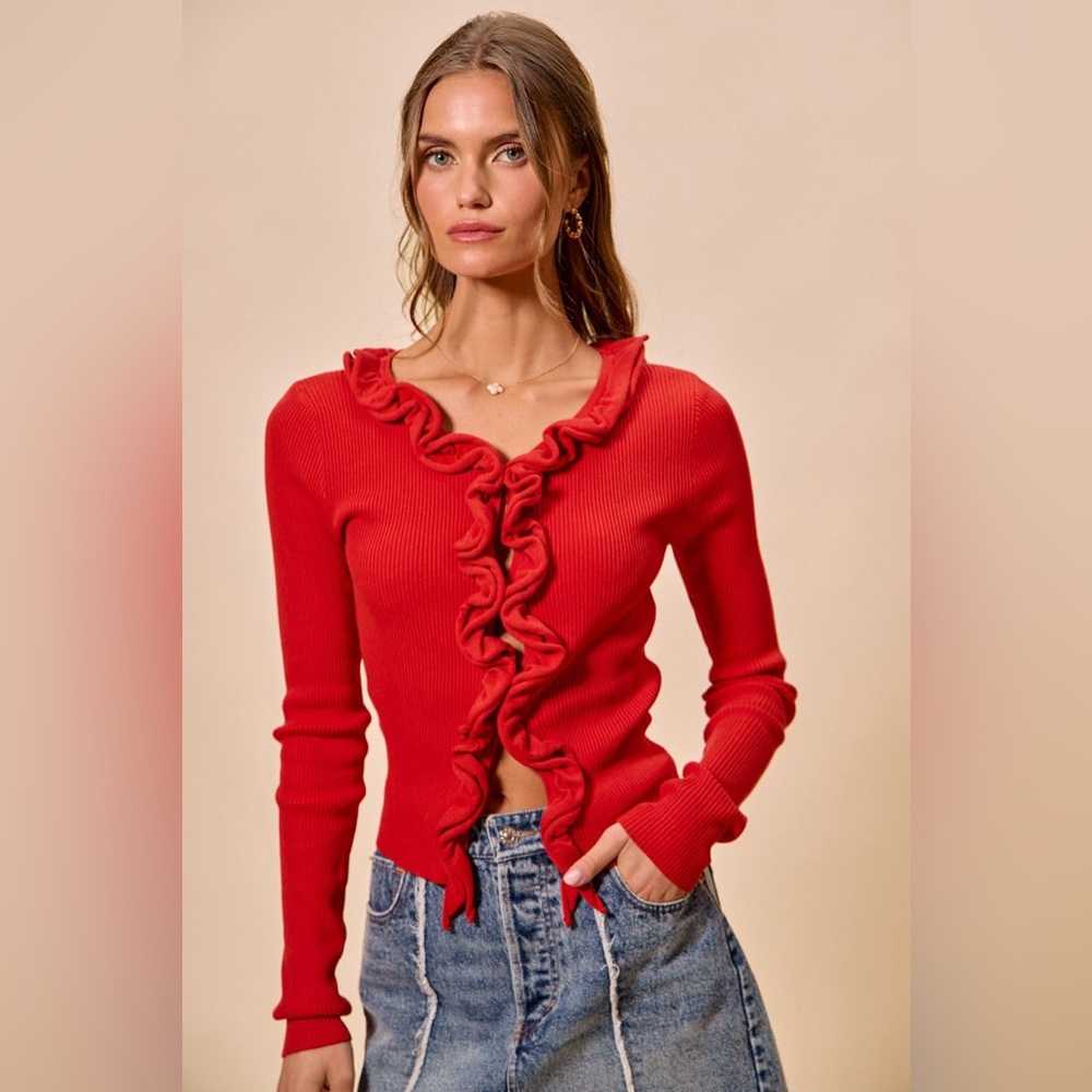 SO ME Cascade Ruffle Ribbed Sweater Cardgian🛍️